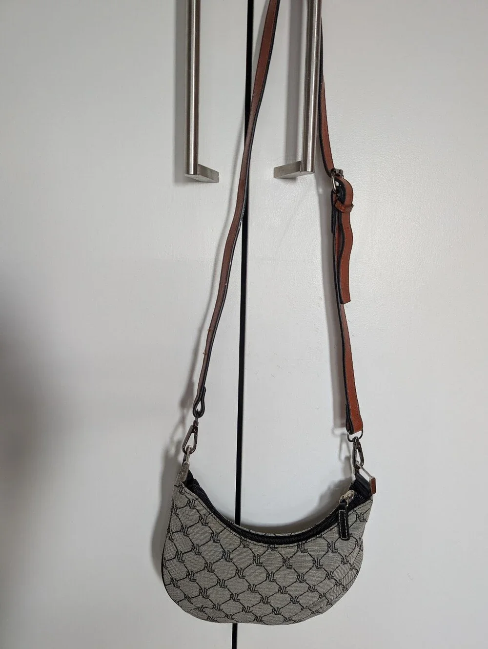 Vintage Ralph Lauren Gray Monogram Crescent Shoulder Bag with Adjustabable Strap